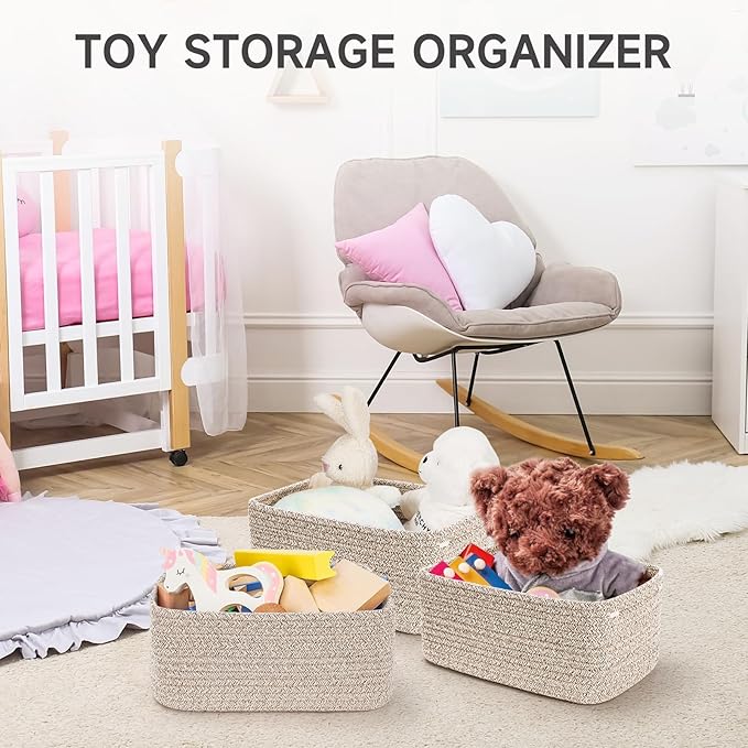 3-Pack Small Storage Baskets for Organizing | Woven Shelf Toy Basket | Rope Baskets for Gifts Empty | Closet Organizer Bins w