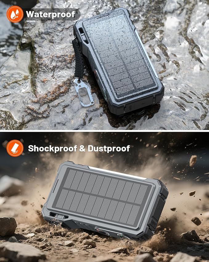 Solar Power Bank 44400 mWH, 45W Fast Charging with 4 Built-in Cables & Car Battery Jumper Starter Portable, 12V Battery