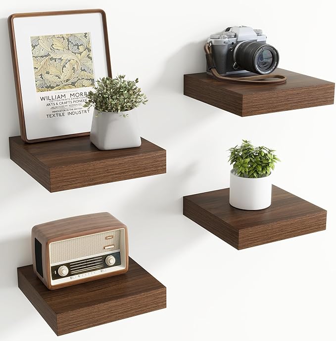 Axeman Square Floating Shelves for Wall, 8" W x 8" D x 1.4" H Rustic Wooden Wall Shelves, 4 Pack Wall Mounted Floating Shelf 