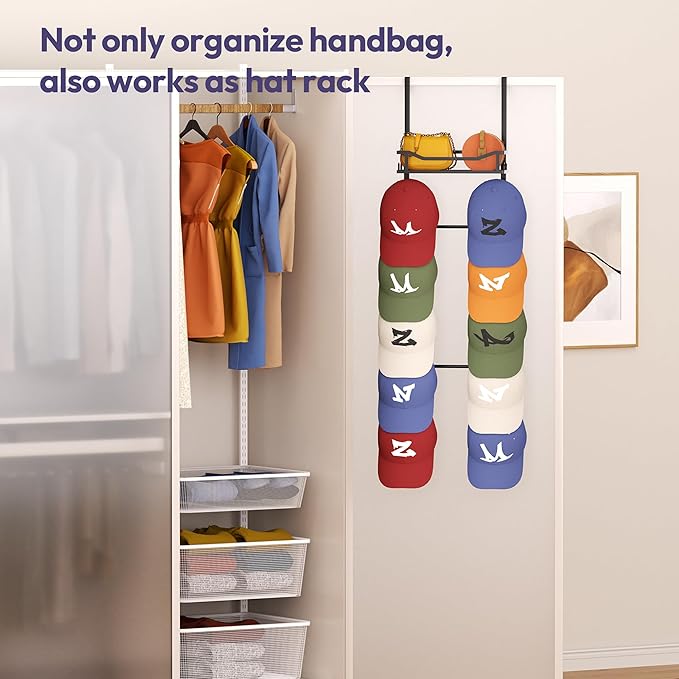 SWTYMIKI Over The Door Purse Organizer - Wall Mounted Purse Rack with 10 Hooks and Metal Basket, Handbag Hanger Organizer Hol