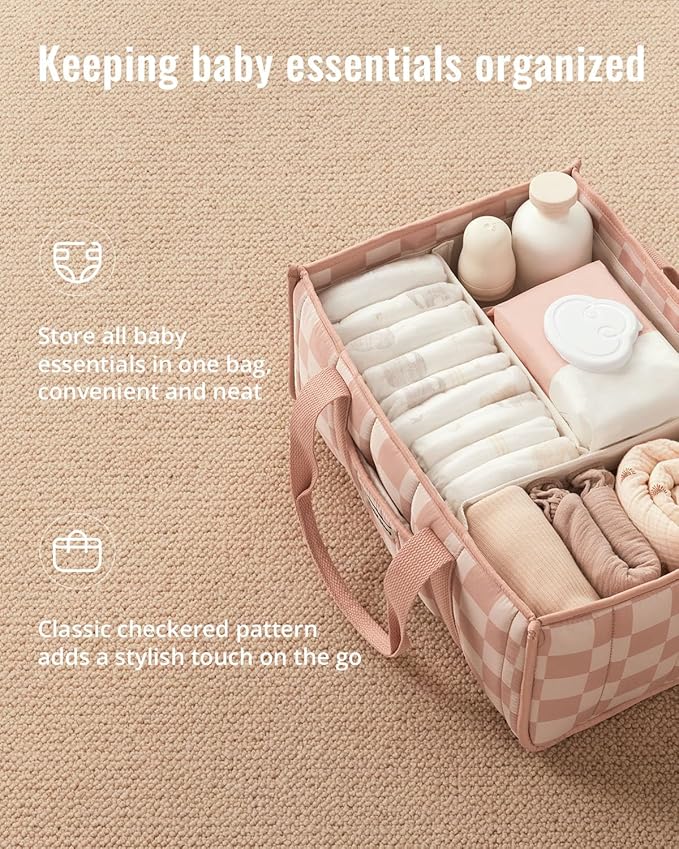 Blissful Diary Checkered Diaper Caddy Organizer, Stylish Nursery Storage Basket, Gift for Baby Shower, Newborn Essentials, Re