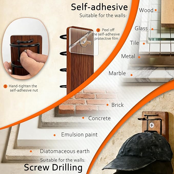 Hat Organizer for Baseball Caps 2 Pack - Wood & Metal Wall Hat Rack with Strong Adhesive & Screws, Holds Up to 22 Caps, Dual 