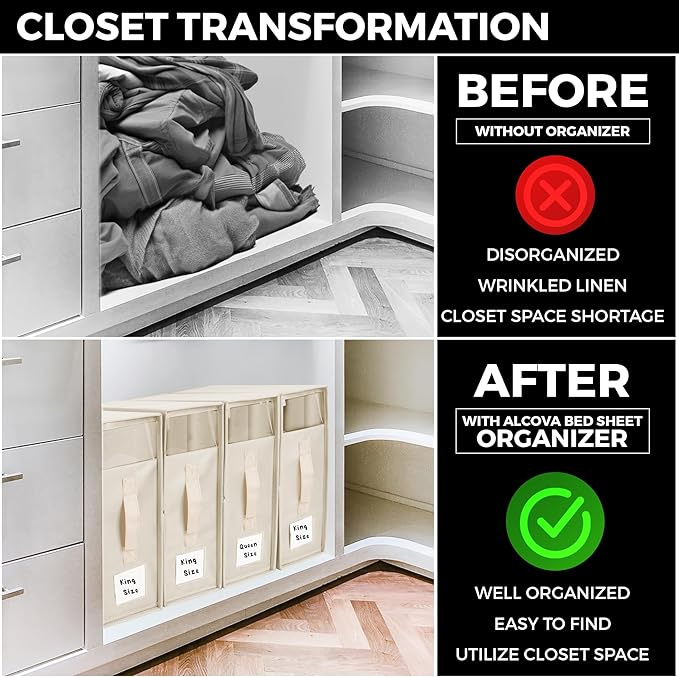 ALCOVA 10 Pack Bed Sheet Organizers and Storage with 1 Bed Sheet Tucker, Linen Closet Organizer Fits Queen & King Sheets