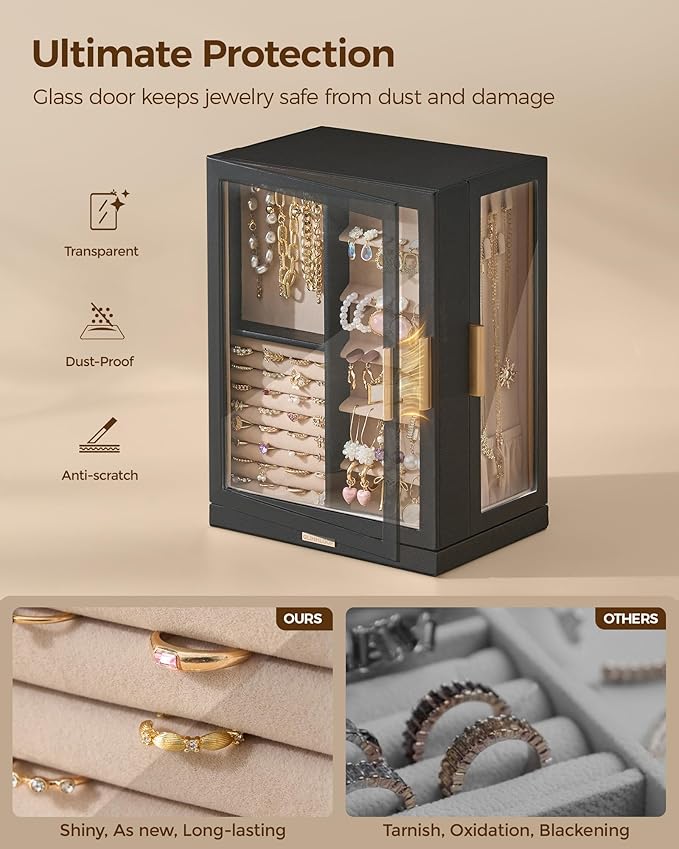 Glimmloop 360° Rotating Jewelry Box with 7 Drawers, Spacious Vertical Jewelry Organizer with Glass Window, Jewelry Storage Ca
