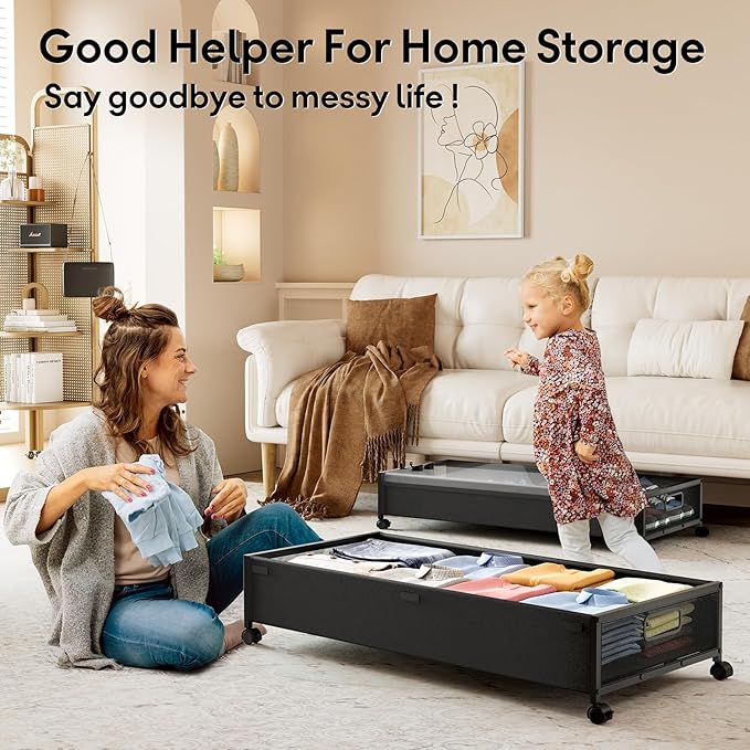 Under Bed Storage with Wheels，4 Pack Under Bed Storage Containers,Underbed Shoe Storage Bedroom Large Capacity Under Bed Stor