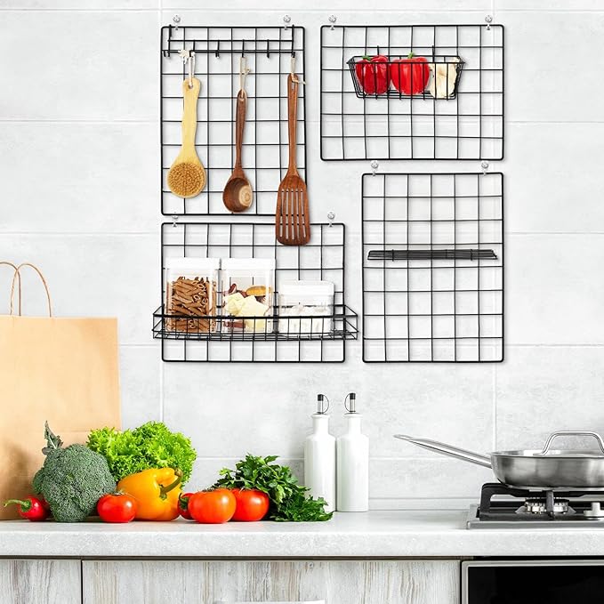 6 Pack 16 x 12 Inch Black Wall Grid Wire Panel with Accessories 1 Black Hanging Wire Basket, 1 Shelf, 1 Hook Rack, 2 Letter S