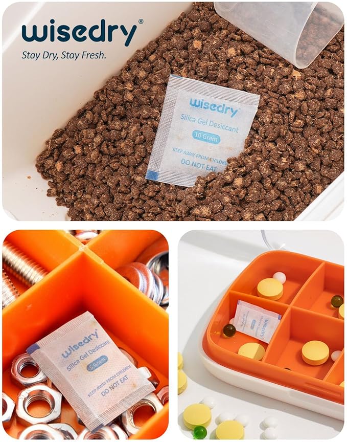 wisedry 5 Gram [60 Packs] Food Grade Silica Gel Packs Rechargeable Desiccant Dehumidifiers Pouches with Color-Indicating