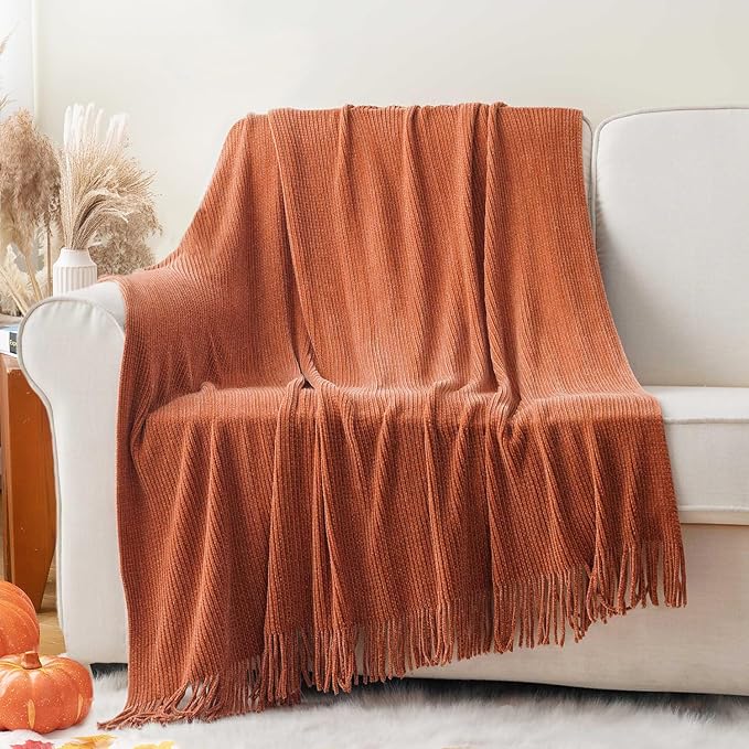 BATTILO HOME Rust Orange Throw Blanket for Couch, Soft Chenille Knit Throws with Tassels for Home Decor, Fall Caramel Throws 