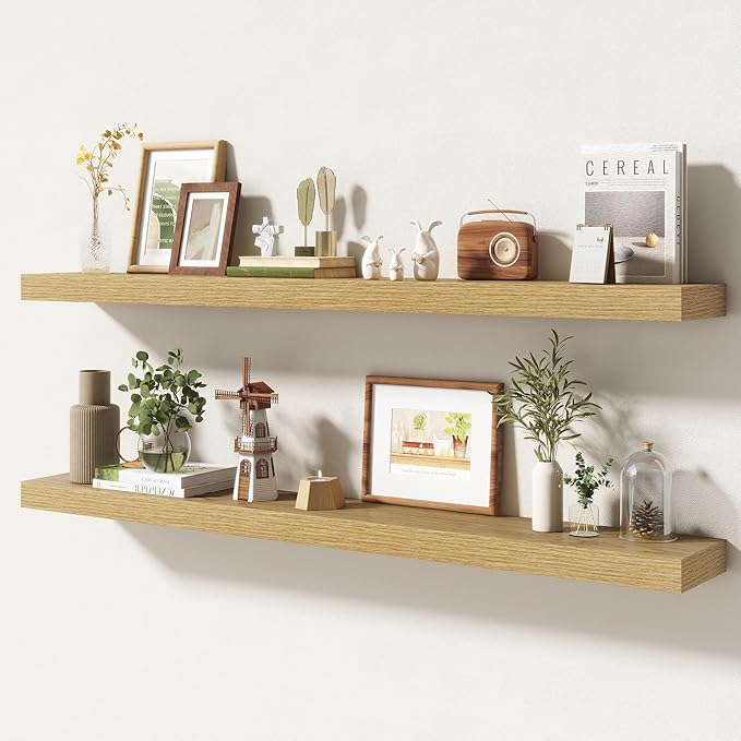 48 Inch Floating Shelves | 6.5 Inch Deep Oak Floating Shelves Set of 2 | 48" W x 6.5" D Rustic Oak Shelves with Invisible Bra