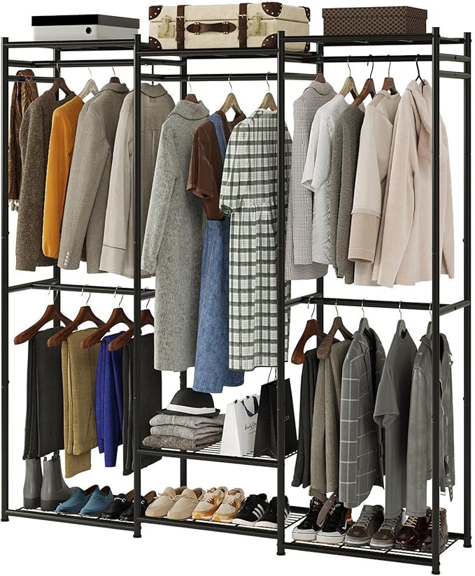 Wardrobe Closet Tall Size, Clothes Rack with Hanging Areas and Storage Shelves, Closet Organizers and Storage, Free Standing 