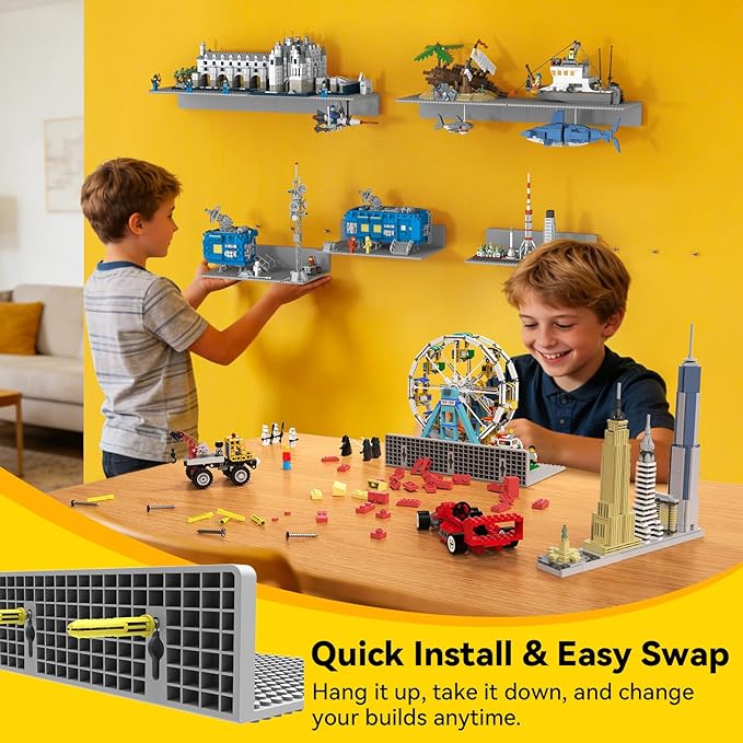 BlissBox 8-Pack Display Shelves for Wall Compatible with Lego Building Bricks, 11.3x6.3inch Dual‑Sided 36x20 Studs for Toy Br