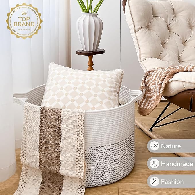 INDRESSME XXXLarge Cotton Rope Basket 21.7" x 21.7" x 13.8" Woven Baby Laundry Basket for Blankets Toys Storage Baskets with 