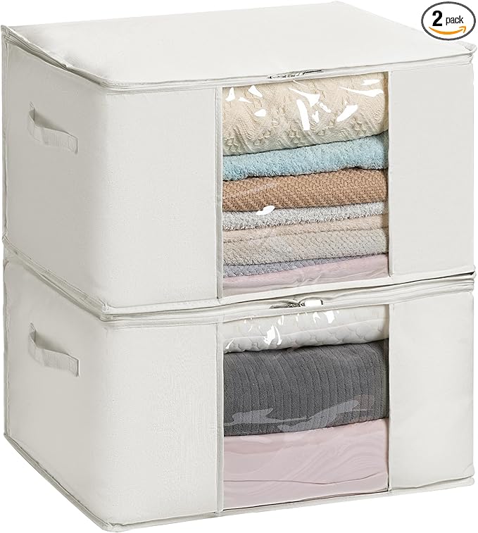 TYEERS Large Storage Bags with Zipper and Clear Window, Cotton Blended Fabric Storage Containers for Seasonal Clothes and Bed