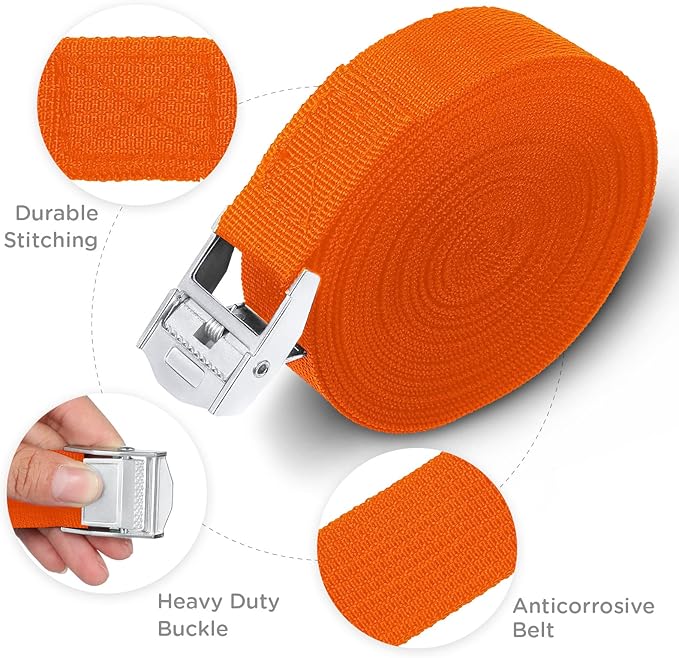 Riakrum 15 Pack 16 Feet Lashing Straps Adjustable Kayaks Tie Down Cam Buckle Straps with Buckles up to 250lbs for Cargo, Luggage, Motorcycles, Truck, Car Roof Rack, Sup Surfboard(Orange)