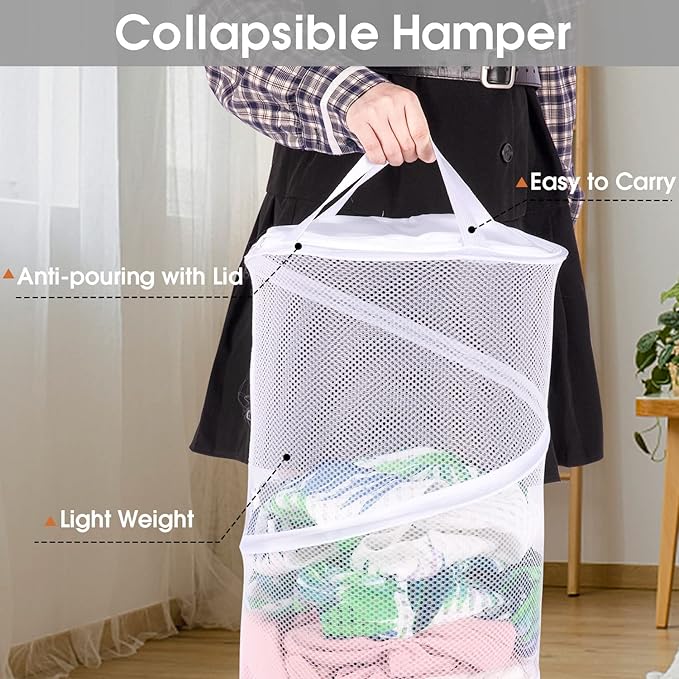 BATTOO 2 Pack Collapsible Laundry Basket with Lid Foldable Mesh Pop Up Hamper with Handles for Laundry Room, Bathroom, Kids R