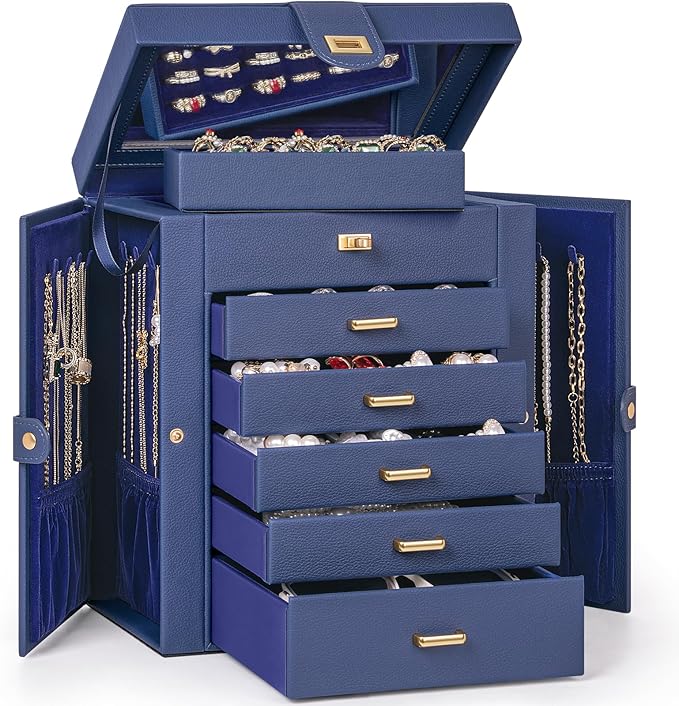 AKOZLIN 6-Tier Jewelry Box Organizer Functional 5 Drawers Leather Jewelry Storage Case for Women Girls Ring Necklace Earring 