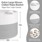 MEGASKET XXXL Large Cotton Rope Storage Bin, 22" X 14" Basket for Blankets Living Room, Woven Baby Kids Toy Storage Bin Box, 