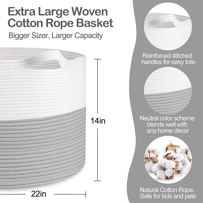 MEGASKET XXXL Large Cotton Rope Storage Bin, 22" X 14" Basket for Blankets Living Room, Woven Baby Kids Toy Storage Bin Box, 