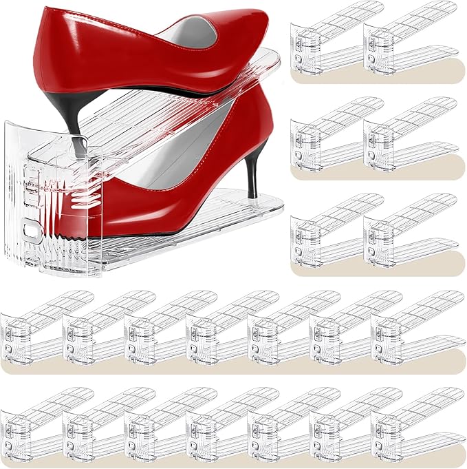 Shoe Slots Organizer 20 Pack - Shoe Stackers, 3 Levels Adjustable, Space Savers 50%, Double Layer Holders for Closet (Transpa