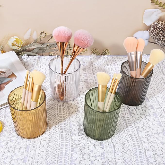 DASITON Makeup Brush Holder Organizer, Acrylic Makeup Brush Cup, Vintage Striped Make Up Brush Holder for Vanity, Bathroom Co