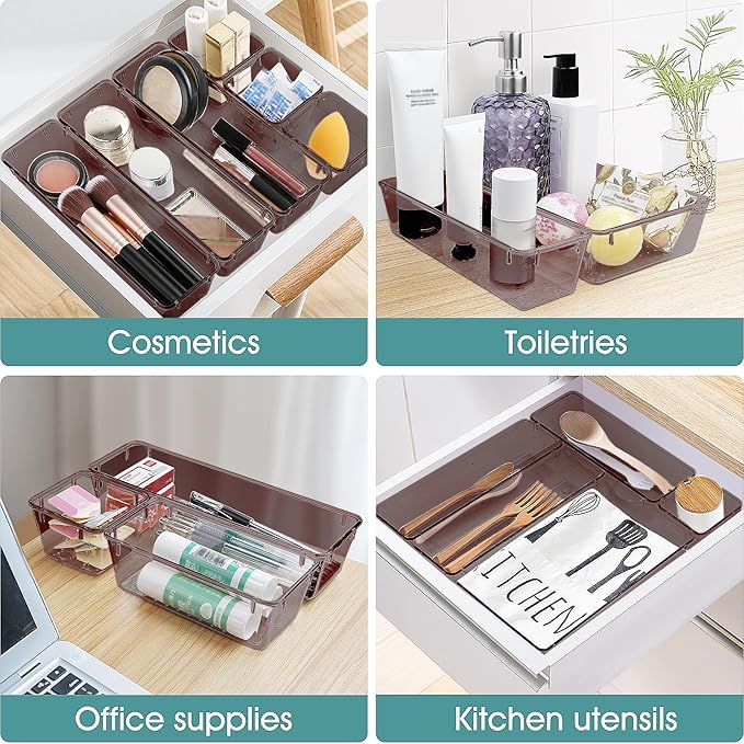 WOWBOX 25 PCS Plastic Drawer Organizer Set, 4 Sizes Desk Drawer Divider Organizers and Storage Bins for Makeup, Jewelry, Gadg