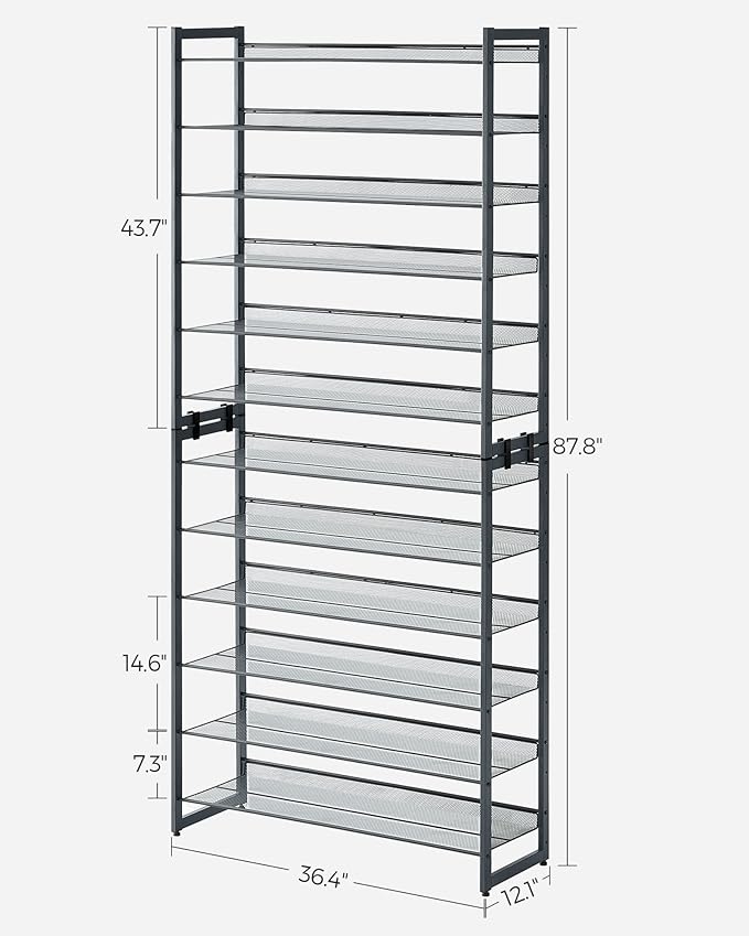 SONGMICS 12-Tier Stackable Shoe Shelf Set, Metal Shoe Storage for Garage, Entryway, with Adjustable Shelves, Hold 48-60 Pairs
