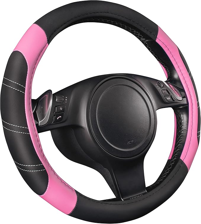 CAR PASS Line Rider Microfiber Leather Sporty 14.5-15 inch Steering Wheel Cover Universal Fits for 95% Truck,SUV,Cars, Anti-S