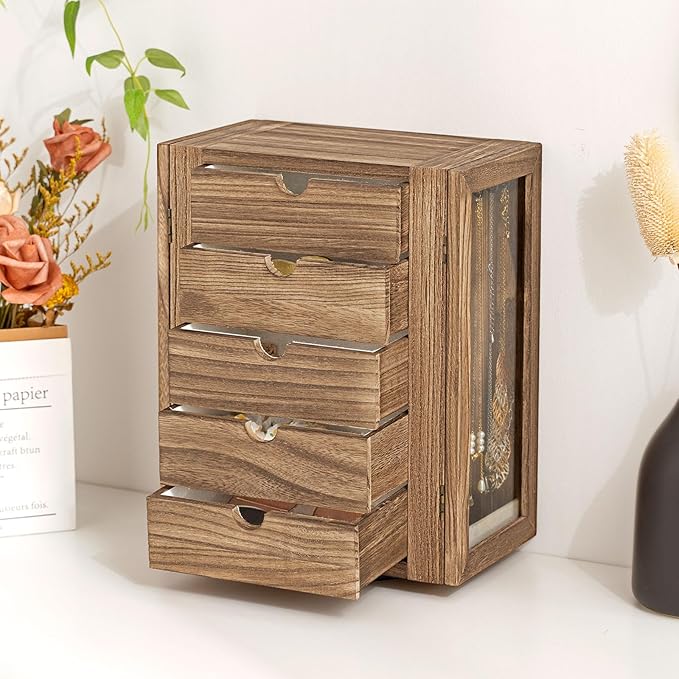 Emfogo 360° Rotating Jewelry Box for Women, Rustic Wooden Jewelry Organizer Box with 5 Drawers, Glass Doors, Vertical Open De