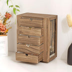 Emfogo 360° Rotating Jewelry Box for Women, Rustic Wooden Jewelry Organizer Box with 5 Drawers, Glass Doors, Vertical Open De