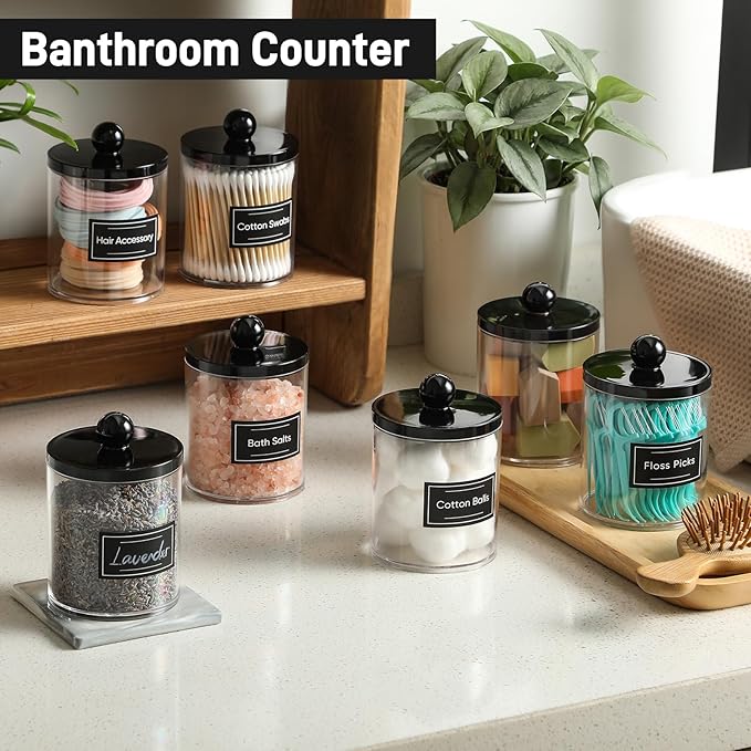 8 Pack Acrylic Qtip Holder Dispenser for Cotton Swabs, Balls, Pads, Floss - Plastic Canister Apothecary Jar Set, Bathroom Ess