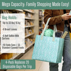 VENO 4 Pack Reusable Grocery Shopping Bags, Heavy-Duty Tote Bags with Handles, for Shopping Cart with Hard Bottom to Stand Upright, Foldable (Evergreen, 4 Pack)