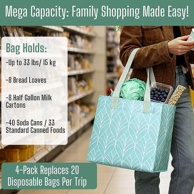 VENO 4 Pack Reusable Grocery Shopping Bags, Heavy-Duty Tote Bags with Handles, for Shopping Cart with Hard Bottom to Stand Upright, Foldable (Evergreen, 4 Pack)