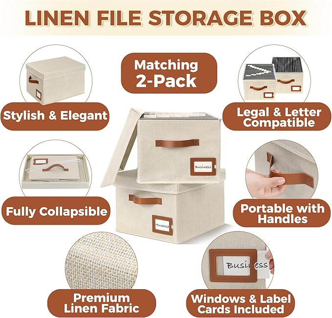 Storage Standard 2-Pack File Organizer Box with Lid - Collapsible Hanging Linen Document Organizer Portable File Boxes, Light
