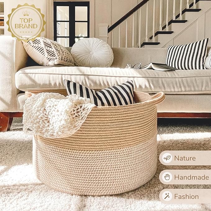 INDRESSME Extra Large Woven Baskets for Storage, 21.7'' x 13.8'' Wicker Basket with Handle for Blankets, Big Laundry Baskets 