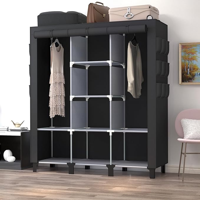 Portable Wardrobe with 10 Storage Racks and 2 Hanging Poles 6 Side Pockets Fleece Cover, Size 130 x 45 x 172 cm, Bedroom Clos