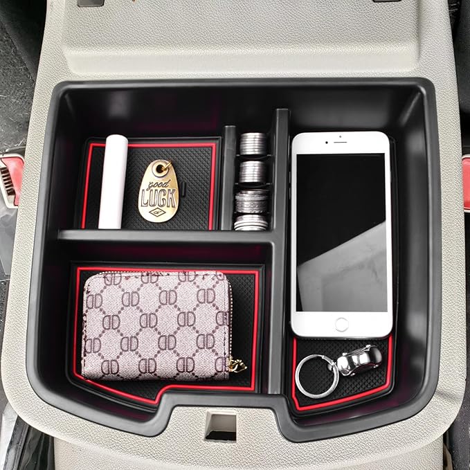 Center Console Organizer Compatible with 2007-2014 Chevy Silverado GMC Sierra Avalanche Tahoe Suburban Yukon Yukon XL Accessories, Floor Mounted Center Console ONLY,Red Trim