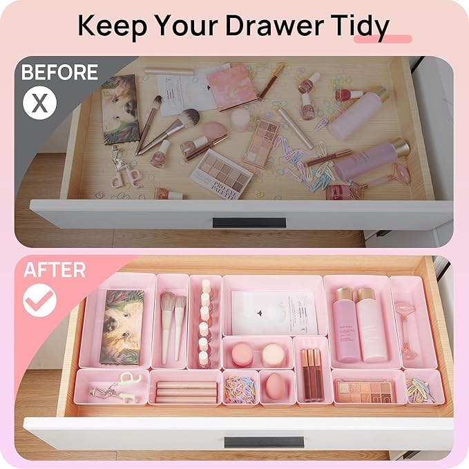 Vtopmart 44 PCS Plastic Drawer Organizers Set, 4-Size Versatile Bathroom and Vanity Organizer Trays, Non-Slip Storage Contain