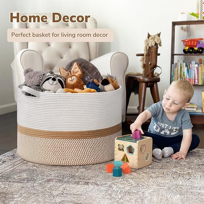 INDRESSME XXXLarge Cotton Rope Basket 21.7" x 21.7" x 13.8" Woven Baby laundry Blanket Basket for Home Decor Living Room Nurs