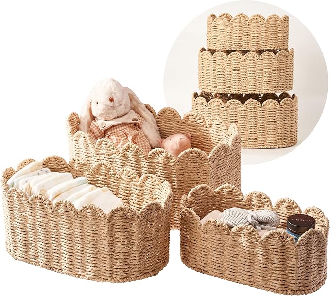 Scalloped Basket Set of 3, Wicker Storage Baskets - Hand-Woven Paper Rope Nursery Organizer for Diaper Caddy, Baby Toys & She