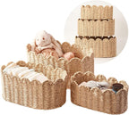 Scalloped Basket Set of 3, Wicker Storage Baskets - Hand-Woven Paper Rope Nursery Organizer for Diaper Caddy, Baby Toys & She