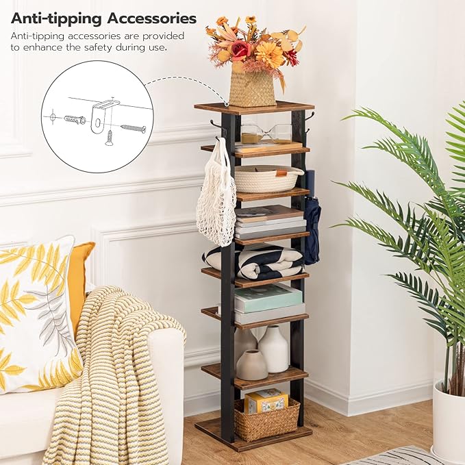 HOOBRO 8 Tiers Vertical Shoe Rack, Wooden Shoe Storage Organizer with Hooks, Narrow Shoe Tower for 8 Pairs, Space Saving, for