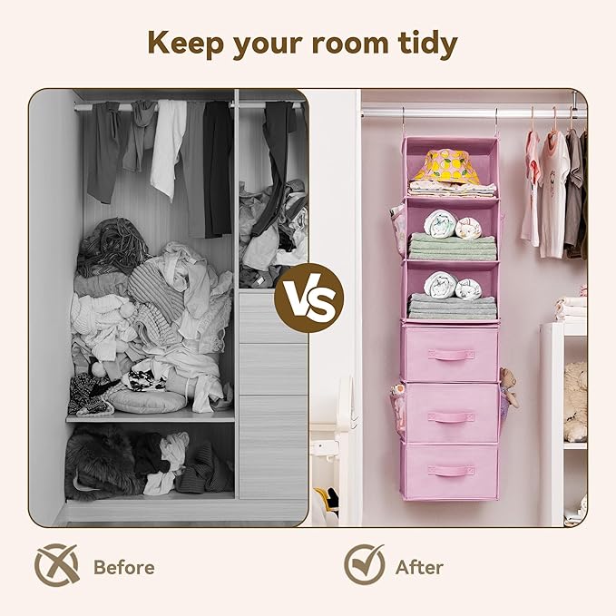 GRANNY SAYS Hanging Closet Organizer 6-Shelf, Separable to 2 Pack 3-Shelf Closet Storage Organizer with 4 Side Pockets, 3 Dif