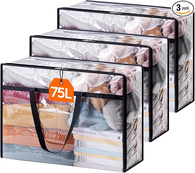Lifewit 3 Pack Clear Clothes Storage Bags, 75L Plastic Blanket Storage Bag, Vinyl Foldable Moving Bags with Zipper, Closet Or