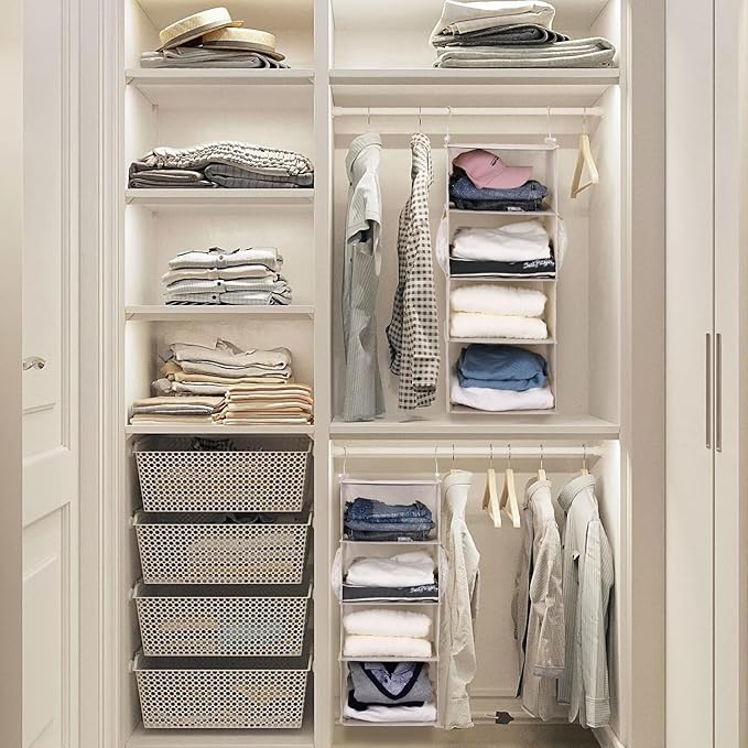 MAX Houser 4 Tier Shelf Hanging Closet Organizer, Space Saver,Closet Hanging Shelf with 2 Sturdy Hooks for Storage, Foldable 