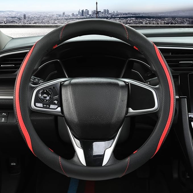 Car Steering Wheel Cover, Leather Steering Wheel Cover Red Universal 14.5-15 Inch Microfiber Leather Anti-Slip Breathable Aut