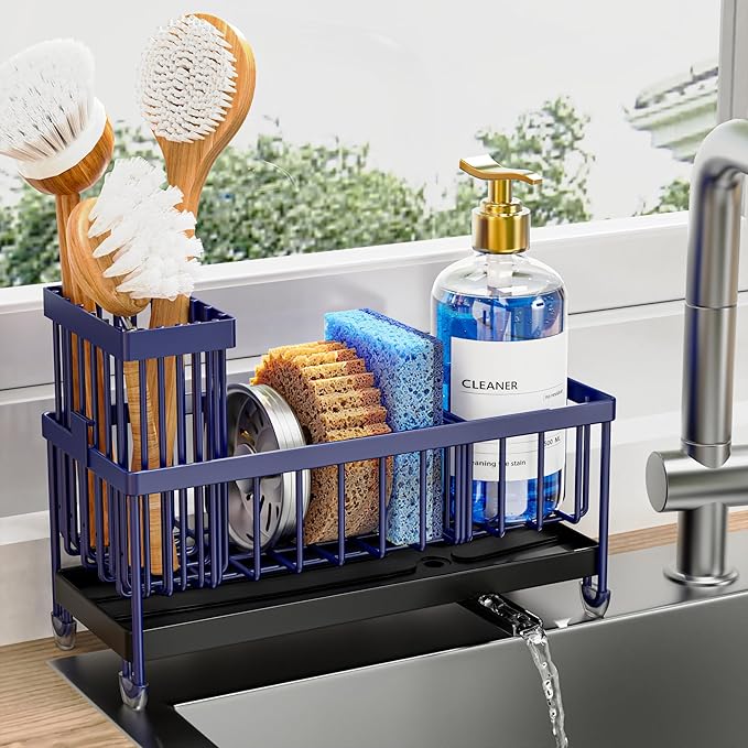 Cisily Sponge Holder for Kitchen Sink, Sink Caddy Organizer with High Brush Holder, Kitchen Countertop Organizers and Storage