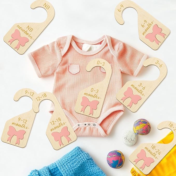 R HORSE Wooden Baby Closet Dividers - 8Pcs 3D Coquette Pink Bow Baby Closet Organizer Double-Sided Newborn Clothes Size Hange