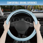 PIC AUTO Steering Wheel Cover, Light Blue Patterned Leather Patchwork Design, Universal Fit 14.5"–15.5", Anti-Slip, Odor-Free