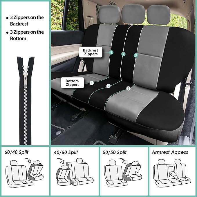 FH Group Car Seat Covers PU Leather 3 Row 8 Seater Car Seat Covers, Airbag Compatible and Split Bench - Fit Most Car, Truck, 