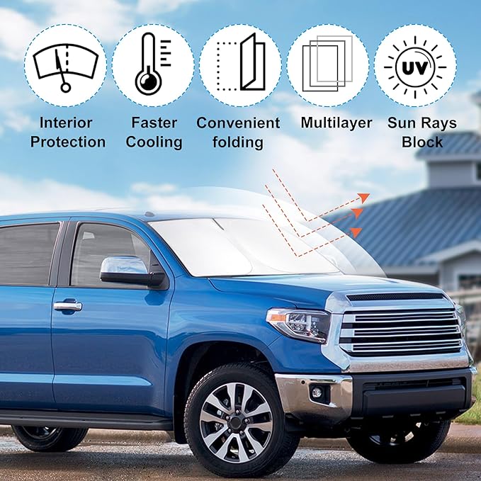 Front Windshield Sun Shade Foldable Car Front Window Sun Shade Windshield Shade Custom Fit for 2007-2021 Toyota Tundra Block UV Rays Heat Keep Car Cooler